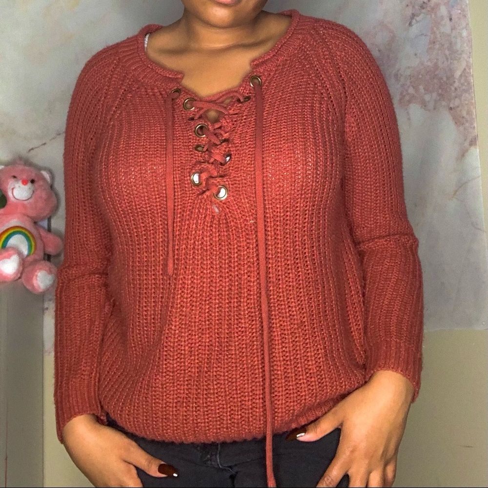 Cross Tie Soft Sweater - Coral Red Sweater Top